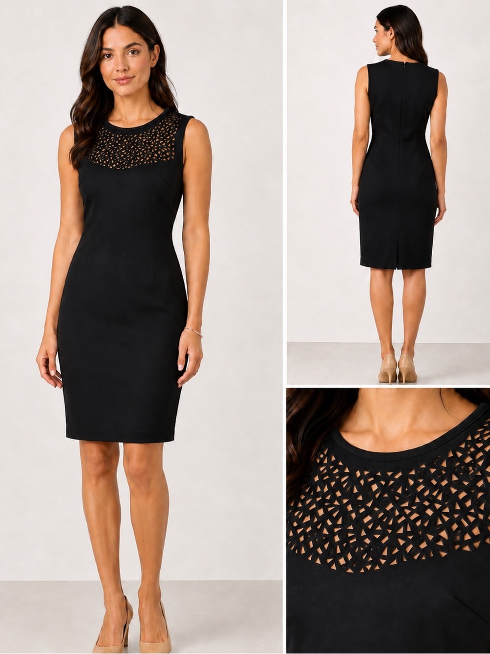 Premise Black Sleeveless Sheath Dress with Laser-Cut Yoke